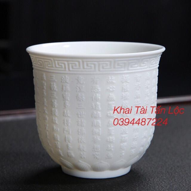 Ly trà , chén trà sứ trắng khắc chữ Bát Nhã Tâm Kinh chìm