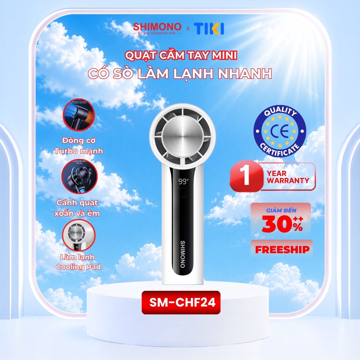 Quạt Cầm Tay Shimono SM-CHF24 Sò Lạnh Sạc, Tốc Độ Cao Làm Lạnh Nhanh 3000mAh BH Hàng Chính Hãng