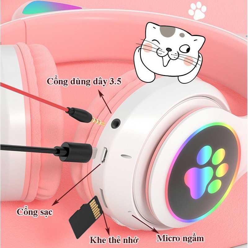 Tai Nghe Mèo Kết Nối Bluetooth Chụp Tai PAGINI HP000028 Headphone Tai Mèo Dễ Thương Có Mic Âm Bass Mạnh Mẽ - Hàng nhập khẩu