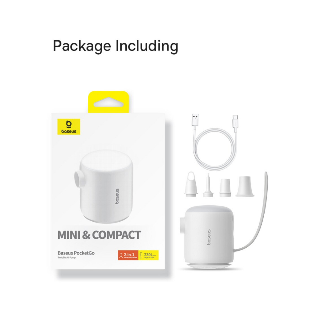 Máy Bơm Hơi – Hút Chân Không Mini Cầm Tay Baseus PocketGo Portable Air Pump 230L/min Pin 1600mah Tích Hợp Đèn - Hàng Chính Hãng