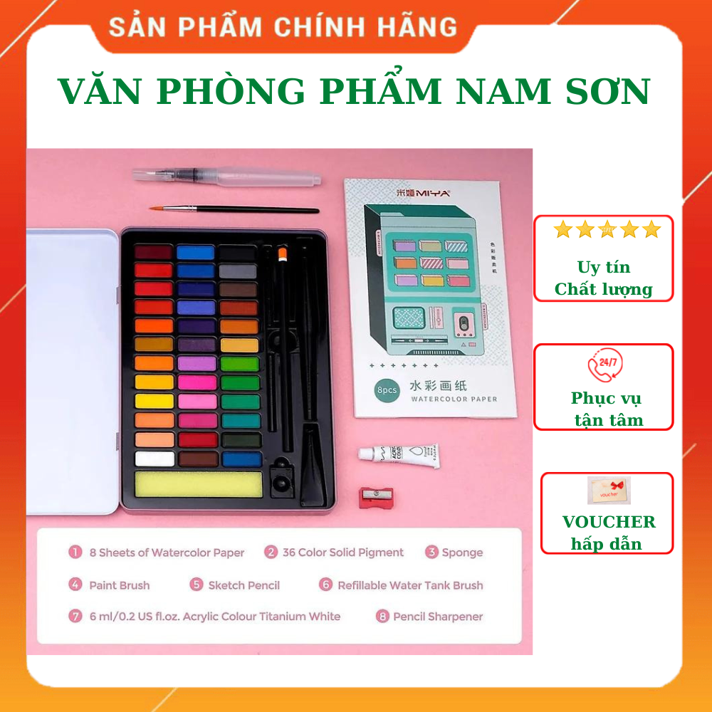 Bộ màu nước dạng nén 36 màu Himi hộp thiếc tặng cọ nước, cọ tỉa, bút chì, màu Acrylic, đồ chuốt - Watercolor Kit