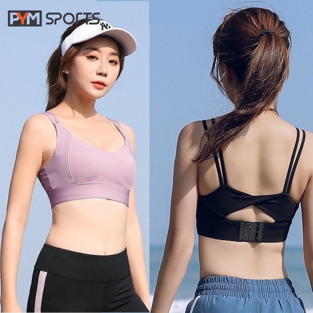 Áo bra tập gym, tập yoga bigsize PYMSPORT - PYMBR017 gài sau, 2 dây chống sốc, thiết kế hở lưng quyến rũ, 2 màu tím, đen