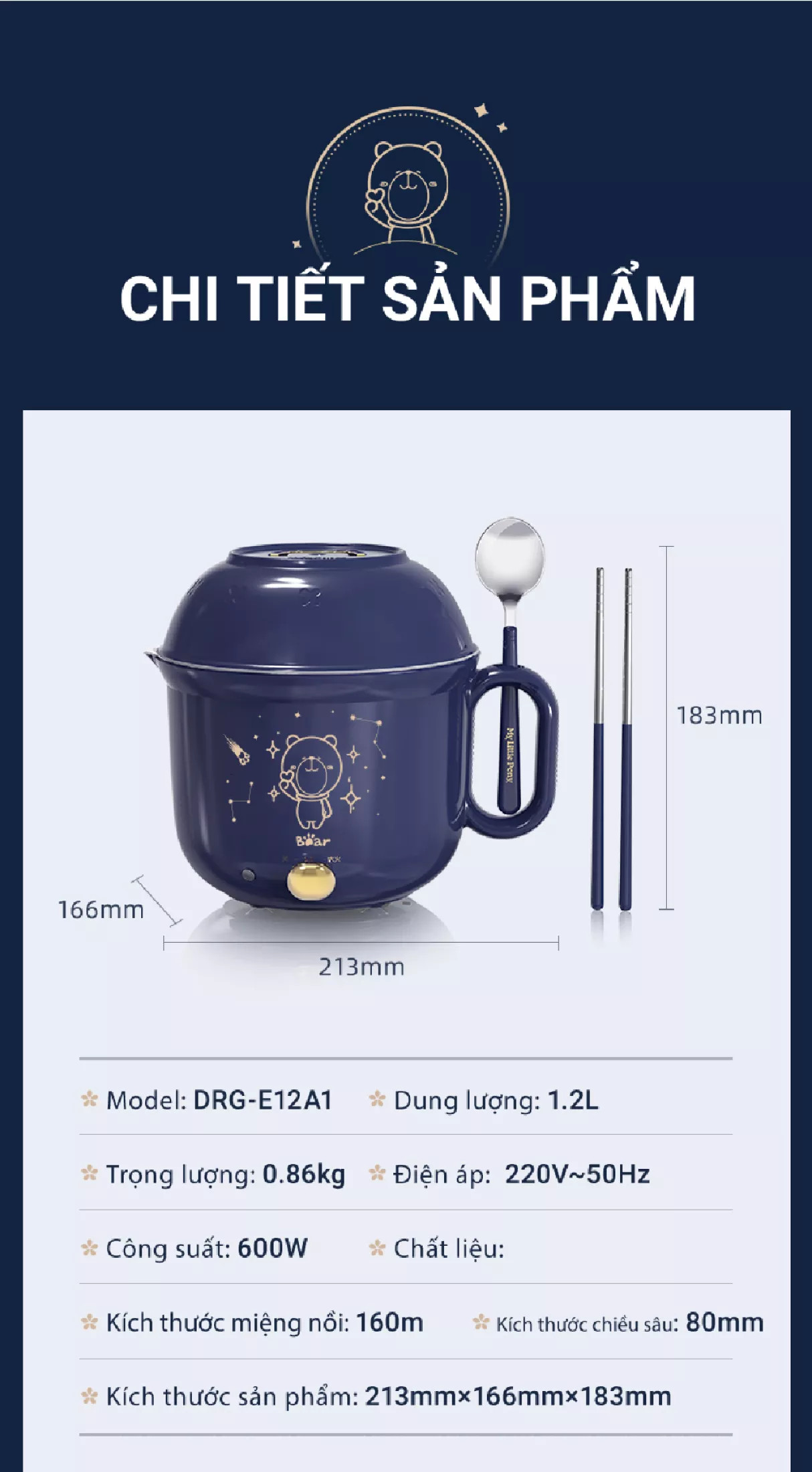 Nồi Lẩu Mini Đa Năng BEAR Dung Tích 1.2L DRG-E12A1 - Hàng Chính Hãng