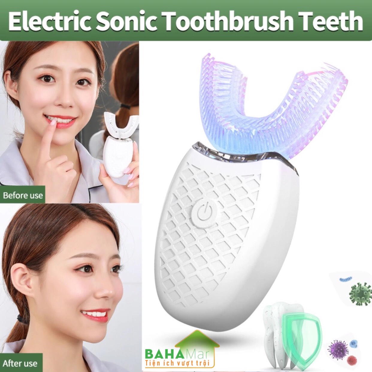 BÀN CHẢI ĐÁNH RĂNG ĐIỆN TỰ ĐỘNG CHỮ U 360 ĐỘ CÓ ÁNH SÁNG XANH KHỬ TRÙNG BAHAMAR làm cho việc đánh răng trở nên dễ dàng và sạch sẽ toàn bộ mặt trước