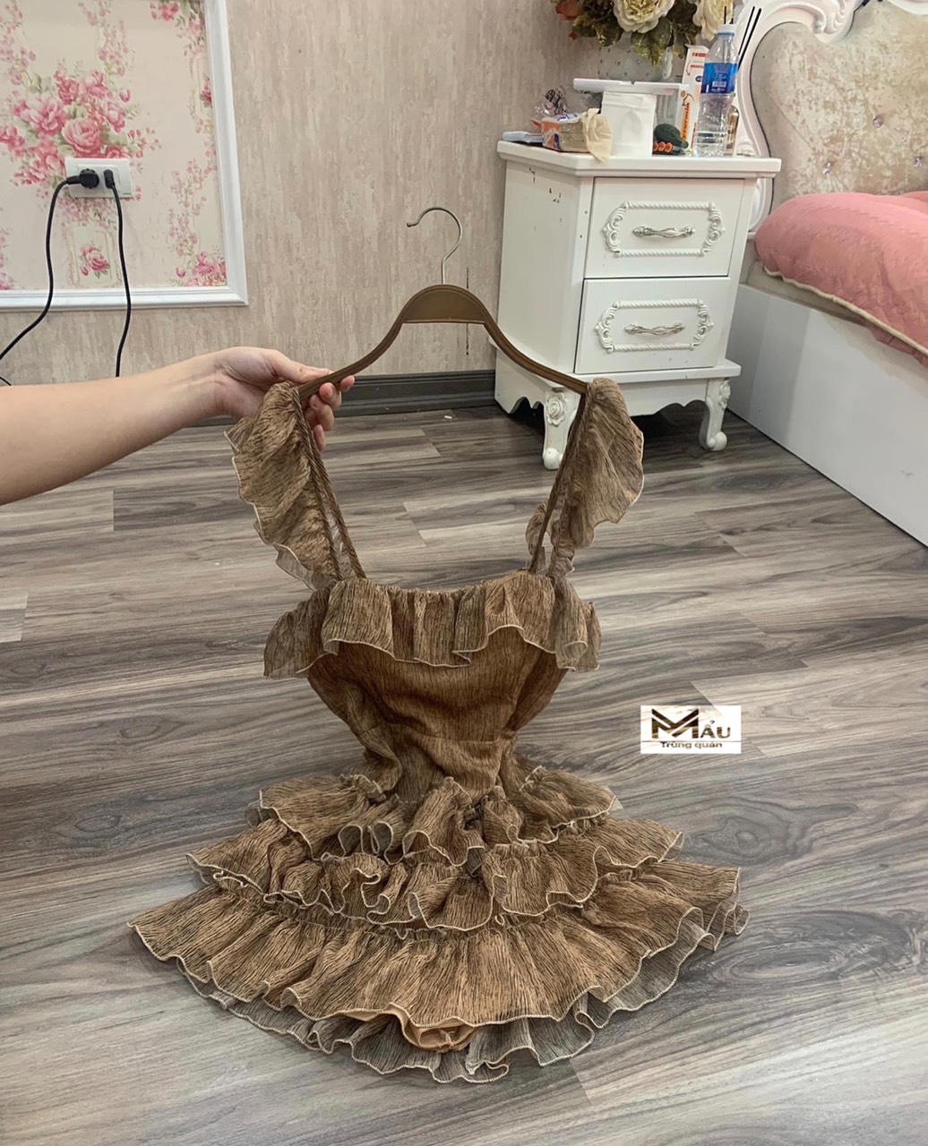Váy 3 tầng cánh tiên, đầm thiết kế sang chảnh màu nâu siêu tôn da