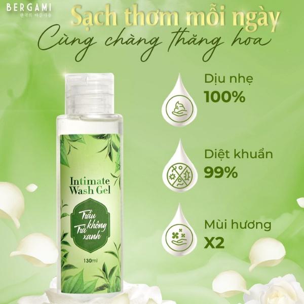 Dung dịch vệ sinh phụ nữ Bergami - Tinh chất lá trầu không, trà xanh - Kháng khuẩn, khử mùi, hương thơm tươi mát 130ml