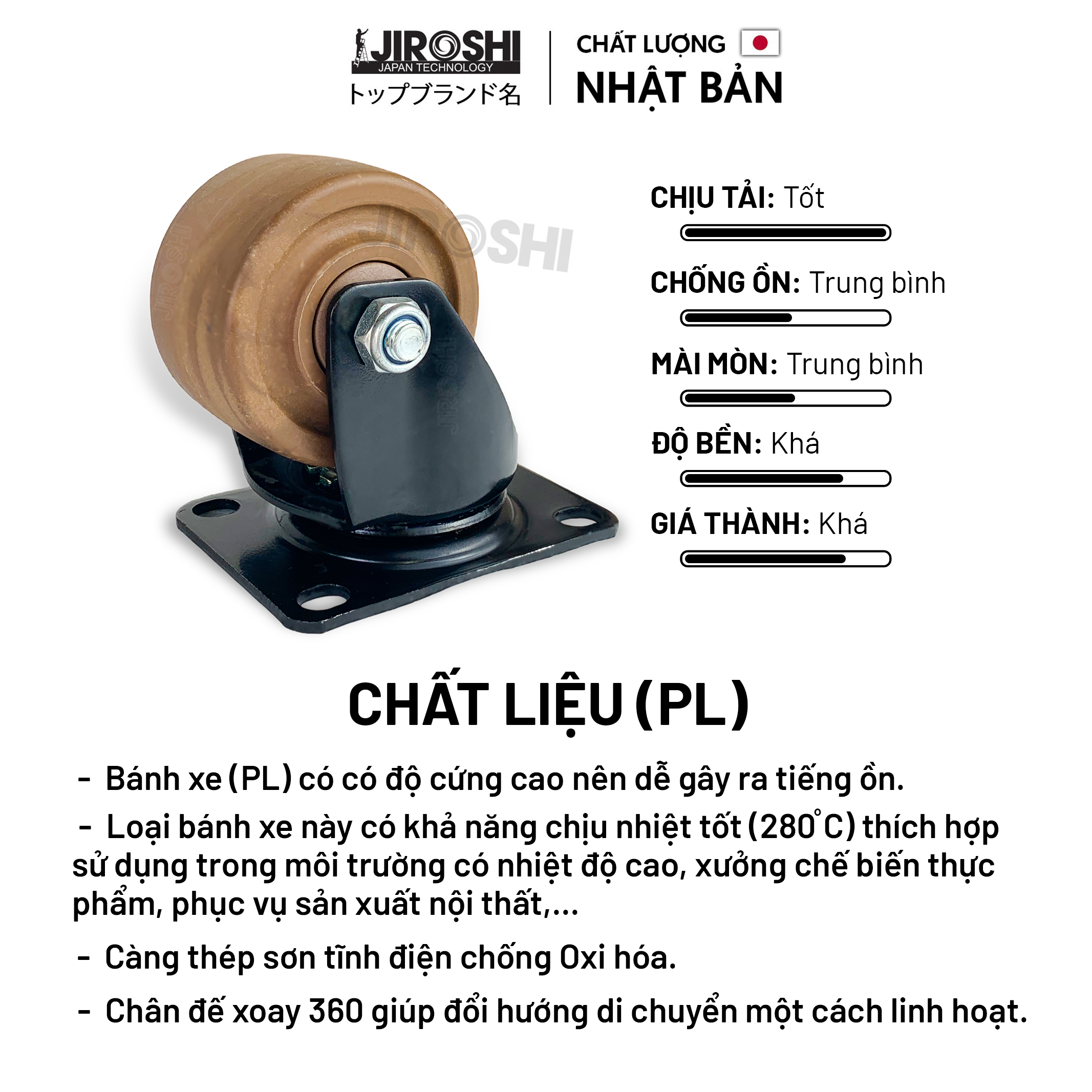 Bánh xe đẩy hàng chịu nhiệt cao JIROSHI Nhật Bản,Bánh xe đẩy hàng tải trọng lớn có bạc đạn và khóa chuyên dùng