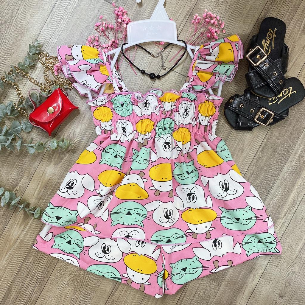 Bộ quần áo bé gái 2 dây hồng họa tiết mèo chất liệu lụa 8-23kg Angel Baby Thời Trang Thiết Kế