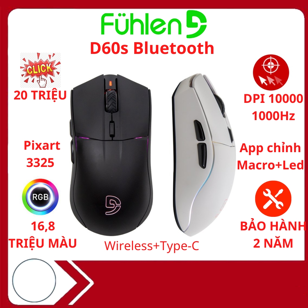 Chuột gaming Bluetooth Fuhlen D60s RGB, DPI 10000, 3 Mode kết nối, App chỉnh macro, BH 2 năm- Hàng chính hãng