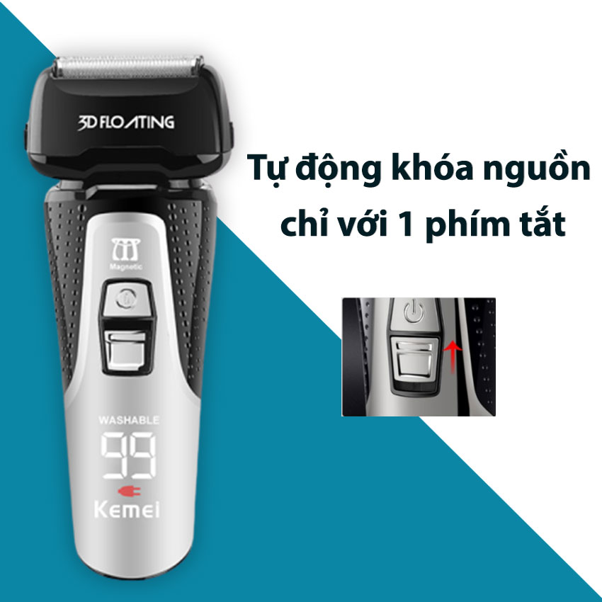 Máy cạo râu cao cấp Kemei-1531 thiết kế 3 lưỡi dao cạo khô và ướt với công nghệ chống thấm nước IPX7, màn hình LCD hiển thị thông minh