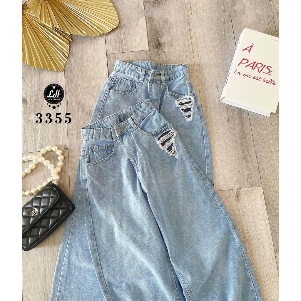 Quần jean nữ ống rộng, quần bò màu xanh loang rách túi tam giác đọc lạ Lê Huy Fashion MS 3355