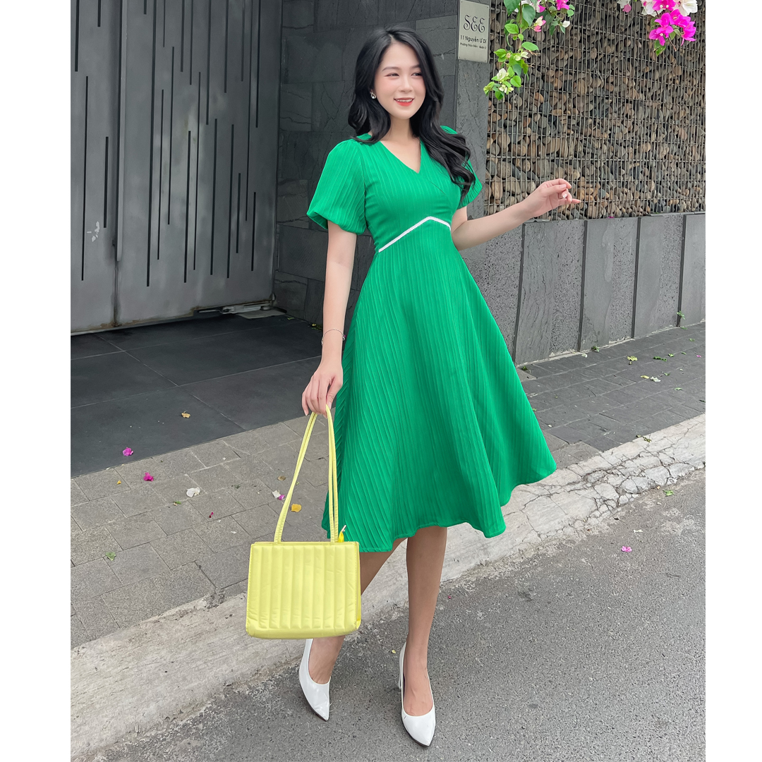 [HCM] Đầm xòe cổ đắp chéo phối kim tuyến eo D073 - Lady Fashion - Khánh Linh Style