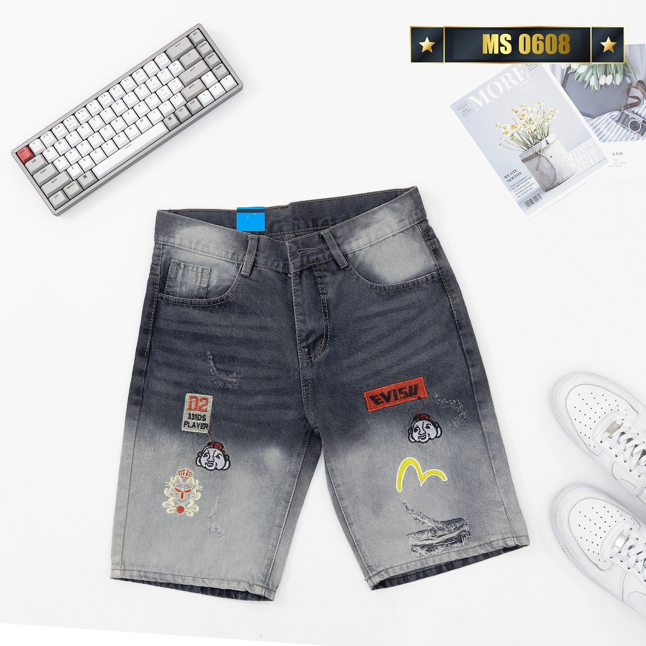 Quần Short Nam, ️️ Quần Short Jean Nam Chất Bò co giãn, phối họa tiết Evisu cực đẹp form chuẩn Tô Tồ Shop mẫu mới MS08