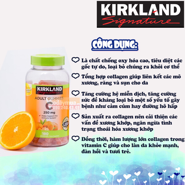 Kẹo dẻo bổ sung Vitamin C Kirkland Adult Gummies C 250mg hộp 180 viên của Mỹ