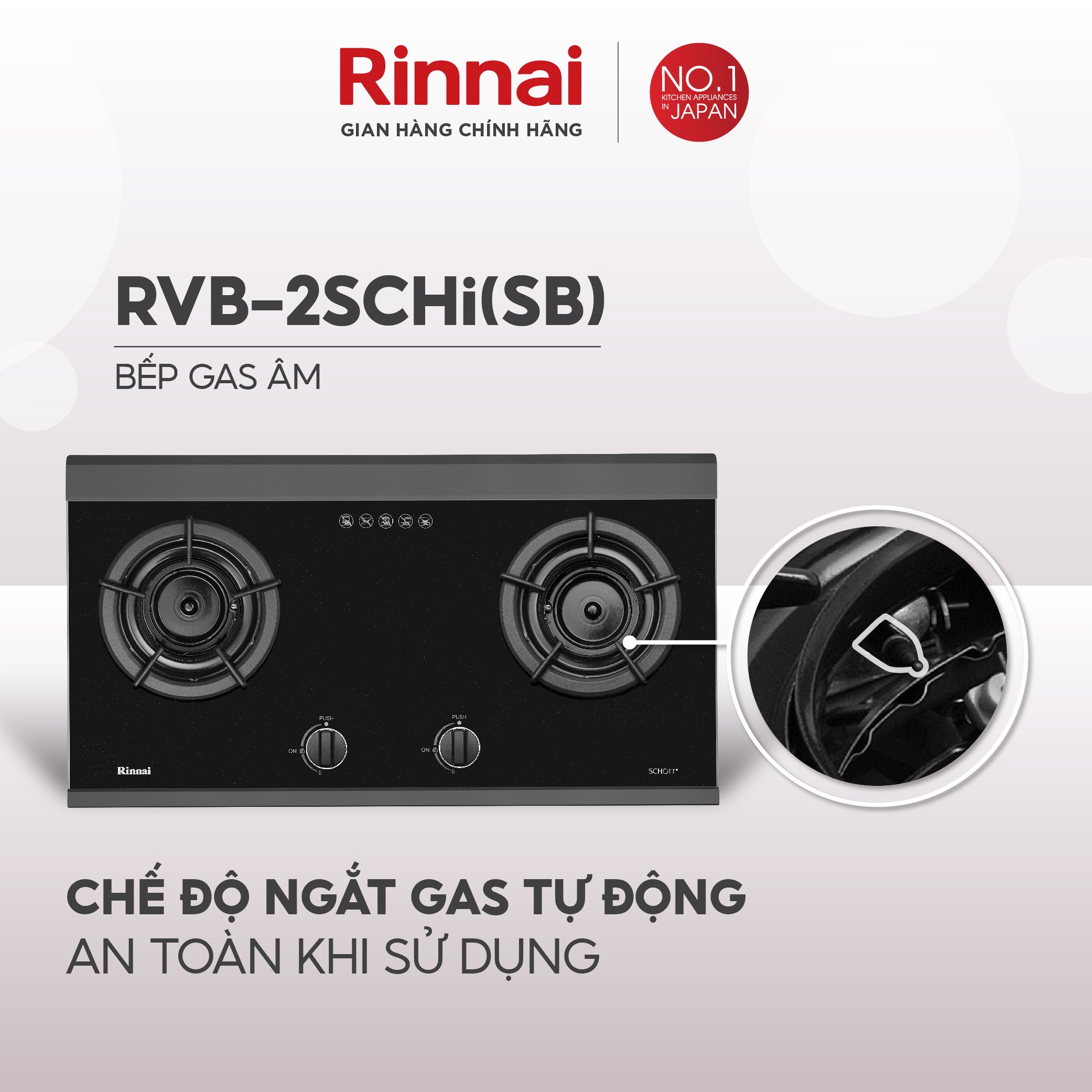 Bếp gas âm đầu đốt trong Rinnai RVB-2SCHi mặt bếp kính SCHOTT và kiềng bếp gang - Hàng chính hãng