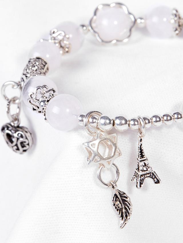 Vòng Tay Đá Thạch Anh Ưu Linh Trắng Phối Charm Trái Tim Bạc Ngọc Quý Gemstones