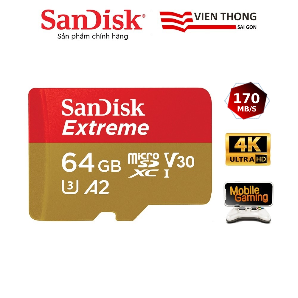 Thẻ nhớ microSDXC SanDisk Extreme UHS-I 4K UHD Video A2 U3 V30 Mobile Gaming - Hàng chính hãng