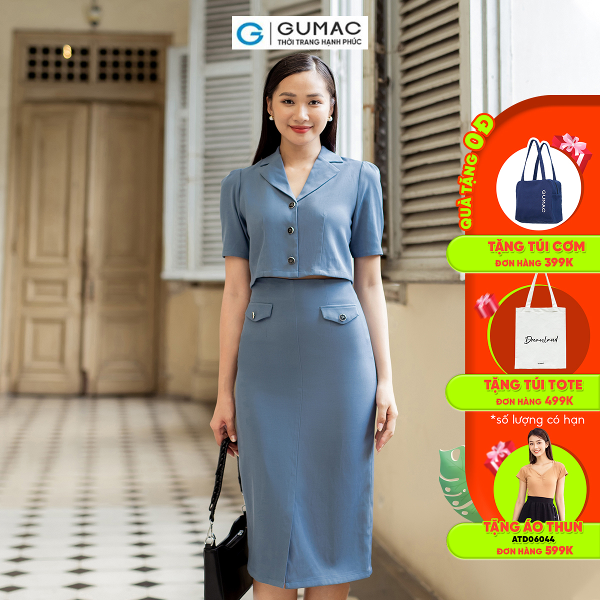 Set lẻ Áo lửng cổ danton thời trang GUMAC AD07007 - Chân váy bút chì nắp túi thời trang GUMAC VD07008