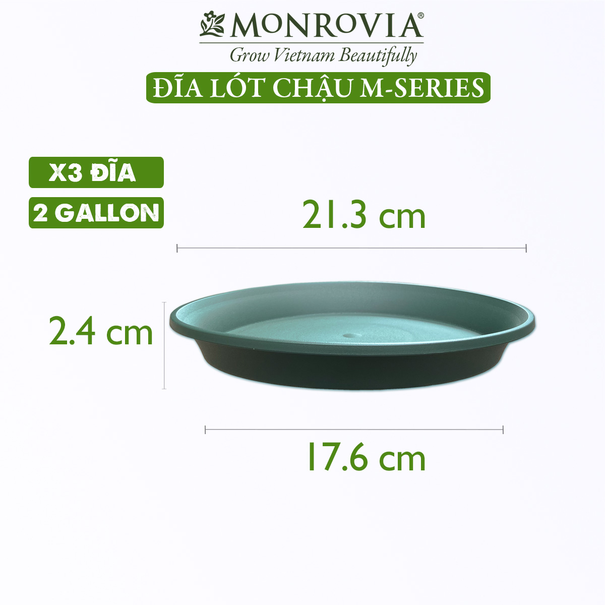 3 Đĩa lót chậu MONROVIA 2 Gallon, Dòng M-series, chậu nhựa trồng cây, chậu cây cảnh mini, để bàn, treo ban công, treo tường, cao cấp, chính hãng thương hiệu MONROVIA