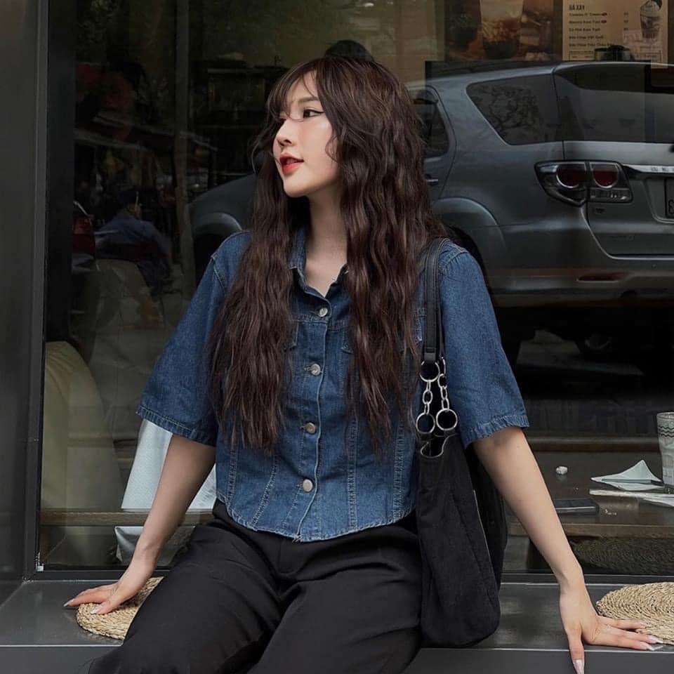 Sơ mi denim mềm croptop basic thời trang NIEVE