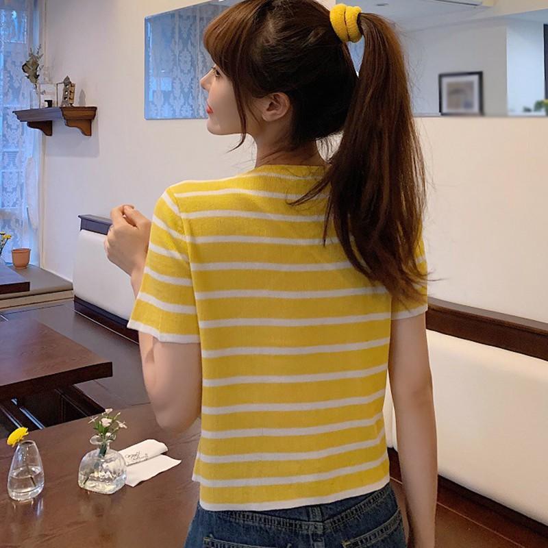 Áo Cardigan Ngắn Tay Kẻ Sọc Xinh Xắn Theo Phong Cách Hàn Quốc