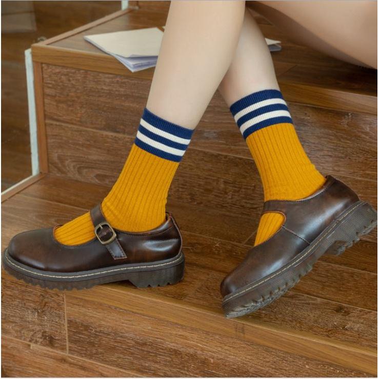 Tất Vớ cổ cao kẻ ngang nam nữ Tất cổ cao unisex phong cách Hàn quốc