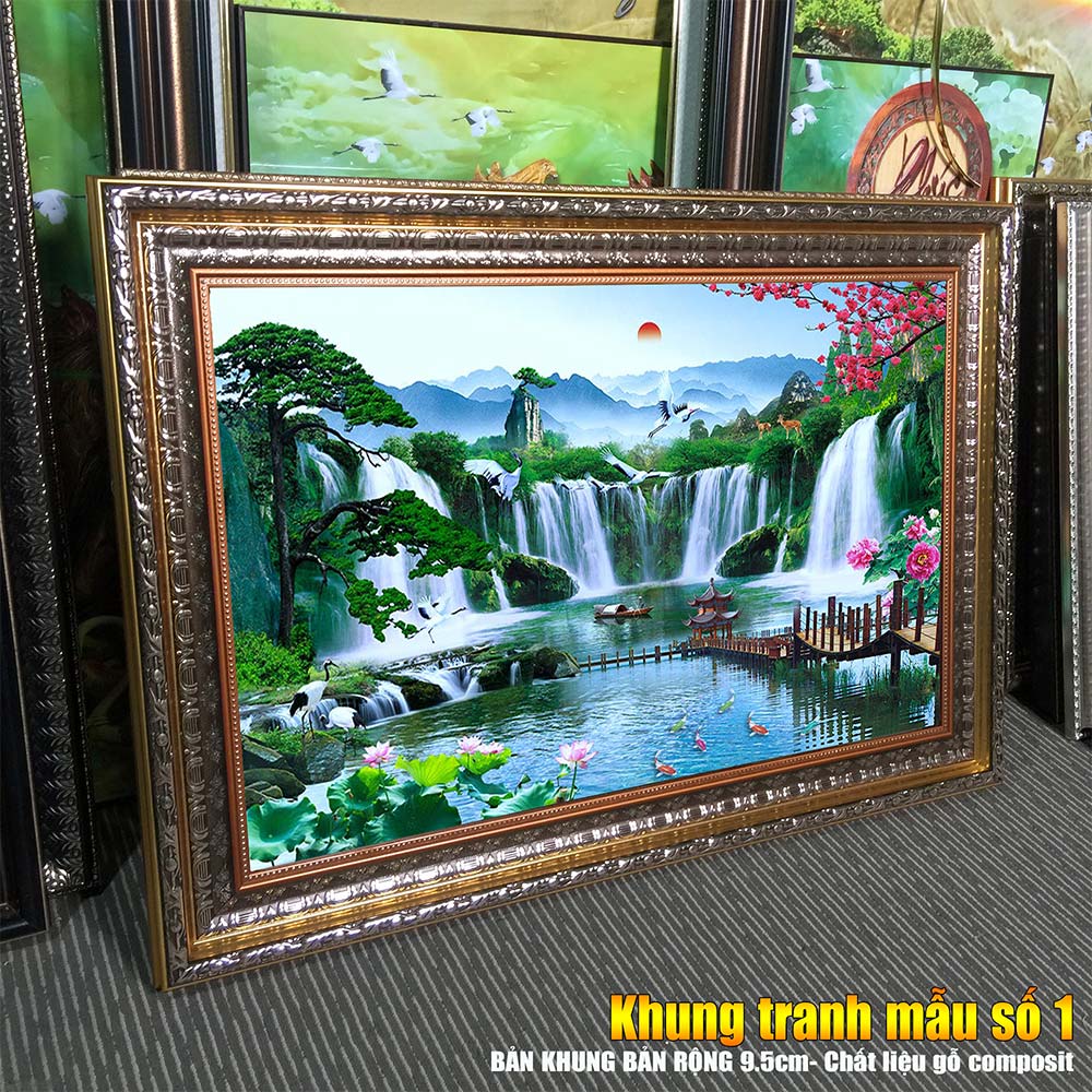 Tranh treo tường phòng khách, phòng ngủ SƠN THỦY HỮU TÌNH khung gỗ composit chất liệu pvc gương / lụa kim sa. MS:2271L9