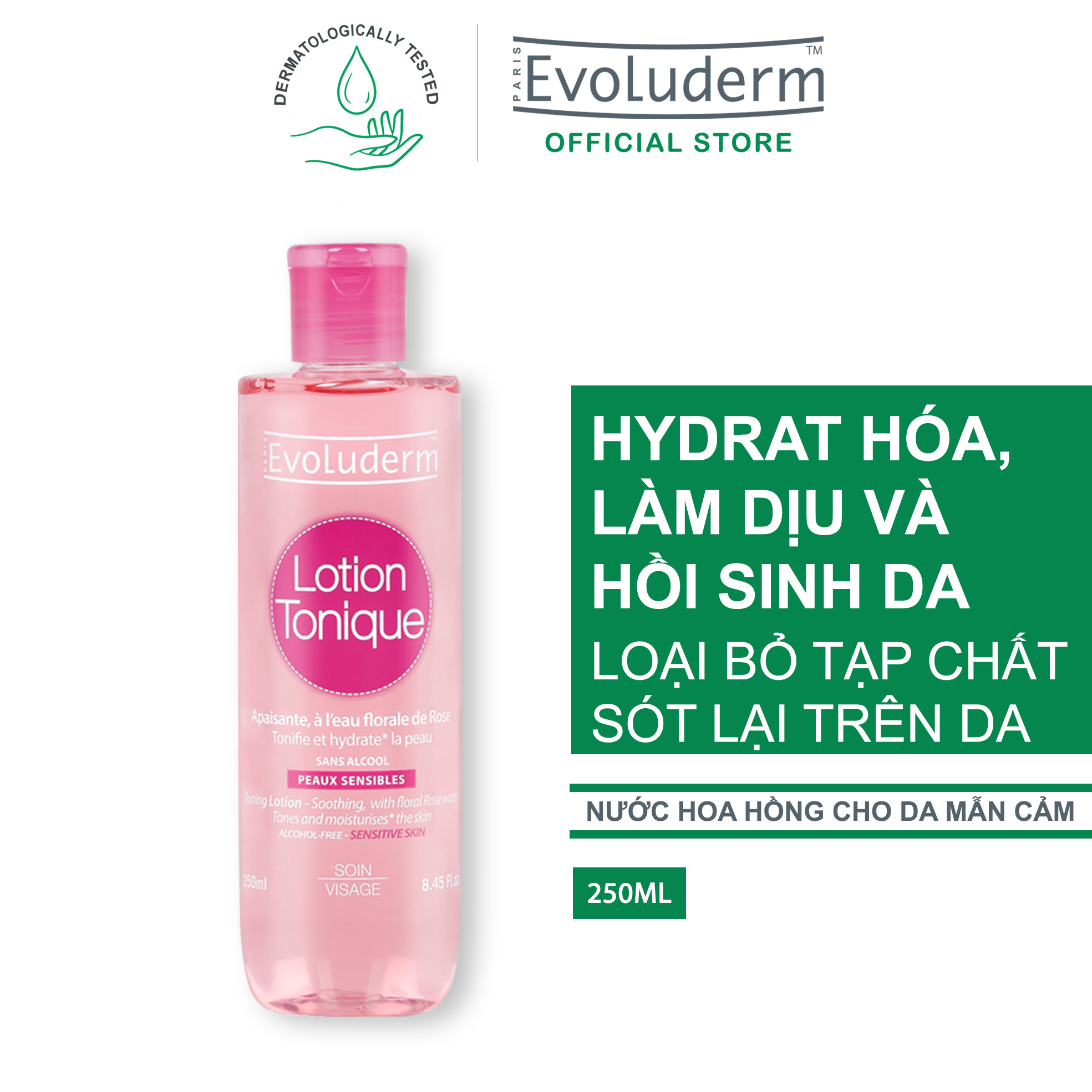 Nước hoa hồng Evoluderm se khít lỗ chân lông, dưỡng ẩm &amp; làm sạch 250ml