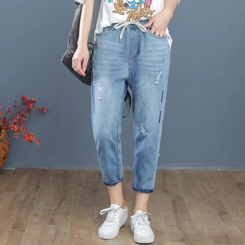 Quần Jeans Lửng Lưng Cao Co Giãn Thêu Họa Tiết Thời Trang Mùa Hè Cho Nữ