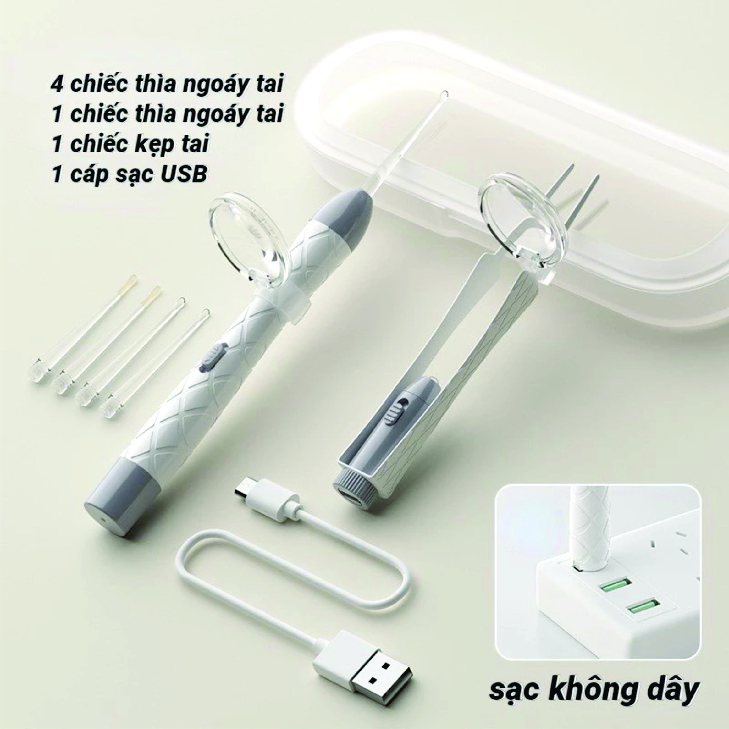 Bộ Dụng Cụ Lấy Ráy Tai Có Đèn Dạ Quang Cho Bé, Tặng kèm 4 đầu ngoáy tai, món vệ sinh tai mũi chuyên nghiệp ( LOẠI XỊN SẠC USB )