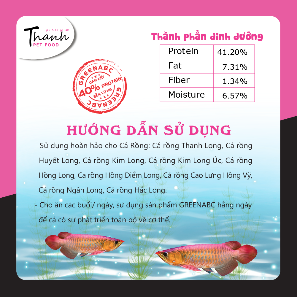 Thức ăn Cá Rồng nhãn GREENABC – Độ đạm 40% giúp tăng trưởng nhanh, tăng đề kháng, vảy sáng rực rỡ, lên màu đẹp – Hộp 350g