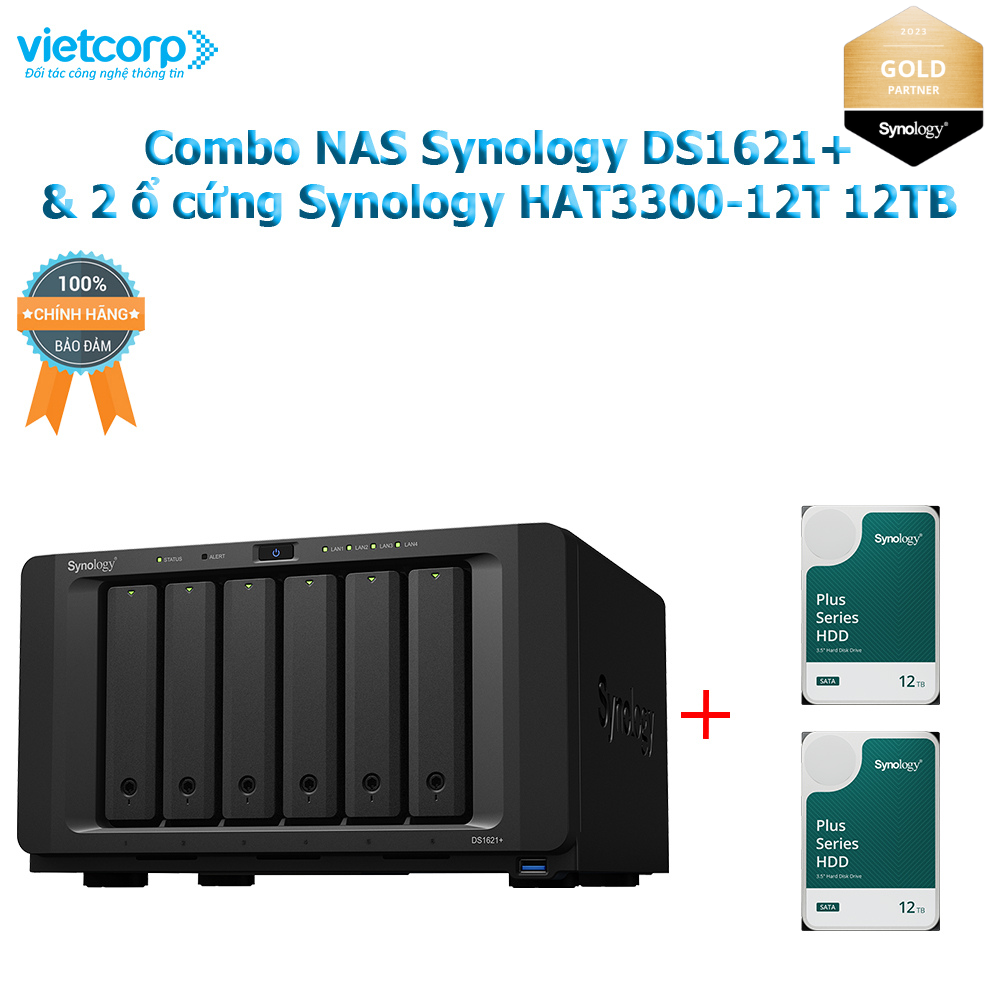 Combo Thiết bị lưu trữ NAS Synology DS1621+ và 2 Ổ cứng Synology HAT3300-12T Hàng Chính Hãng