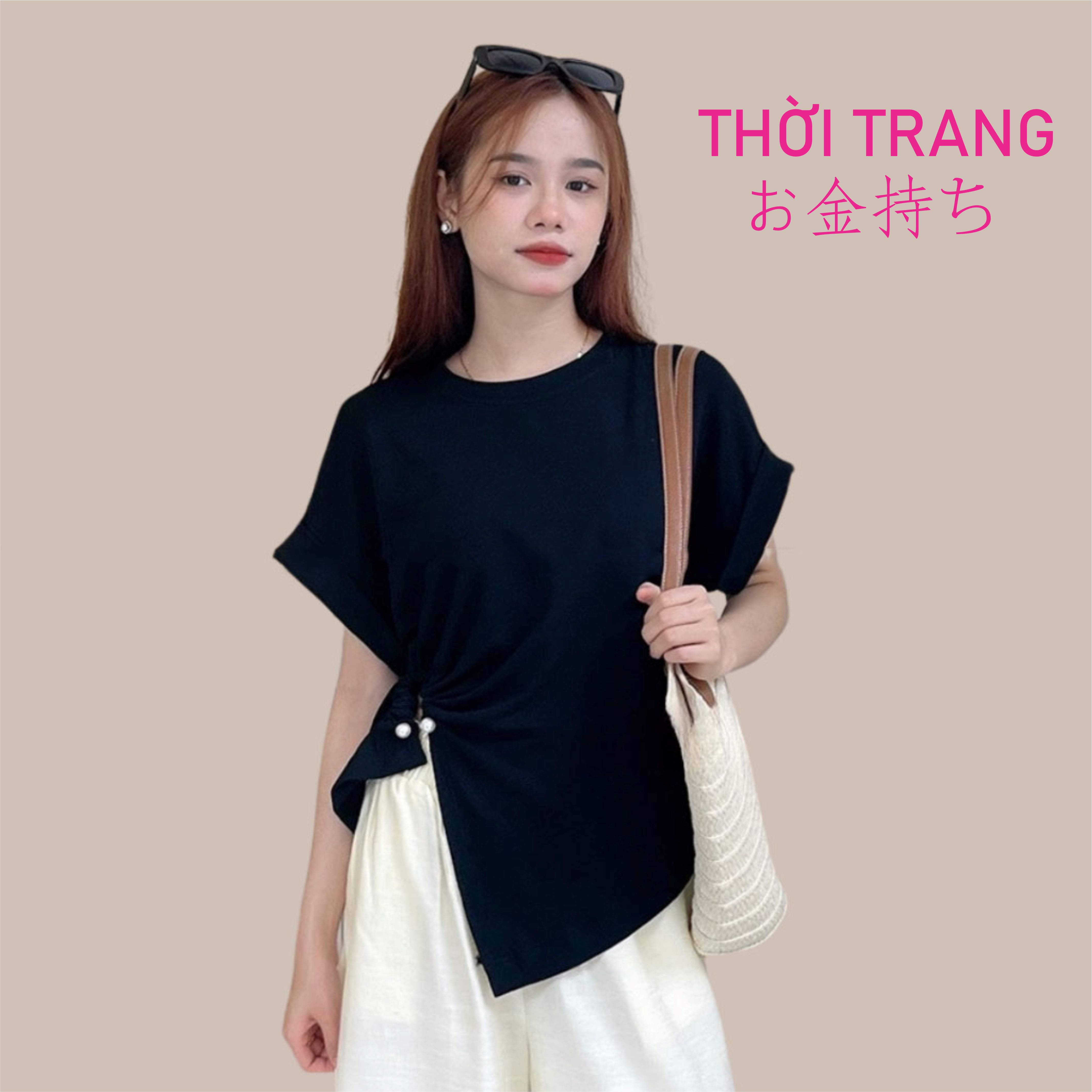 Áo thun nữ おかねもち áo thun trơn cổ tròn tay hến nhún eo đính ngọc