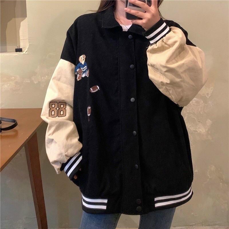 Áo Khoác Nữ KaKi Nhung Tâm Hàng QC Thêu Gấu Nút Bấm Bomber Jackets Dù Lót Trong THÊU GẤU - AK1066