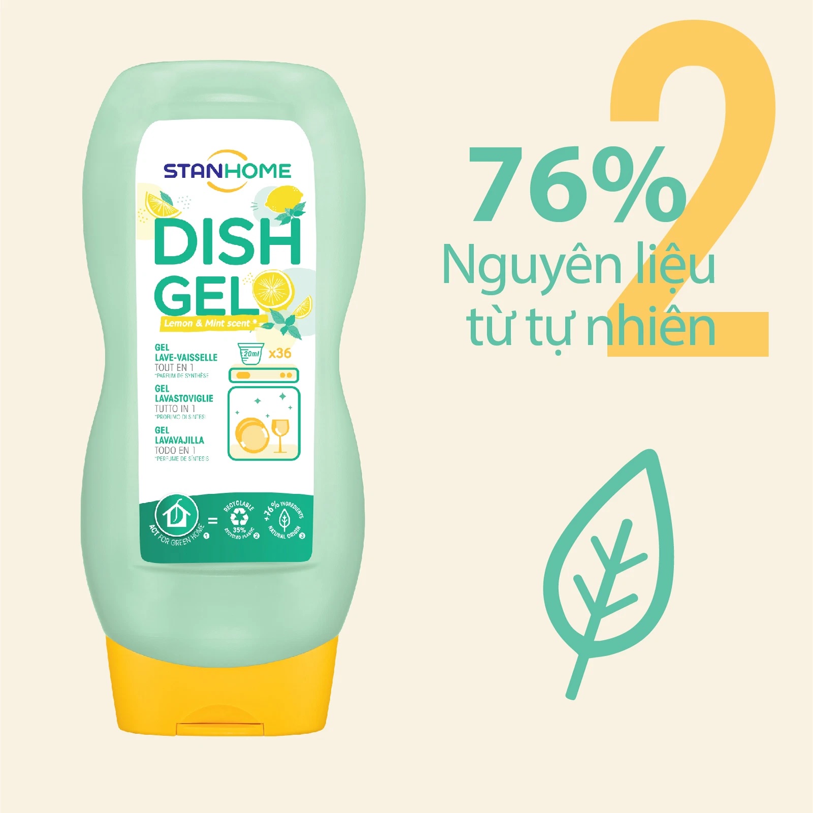 Gel rửa chén bát Stanhome 720ml - All in 1 - hương chanh bạc hà (dùng cho máy rửa chén bát)