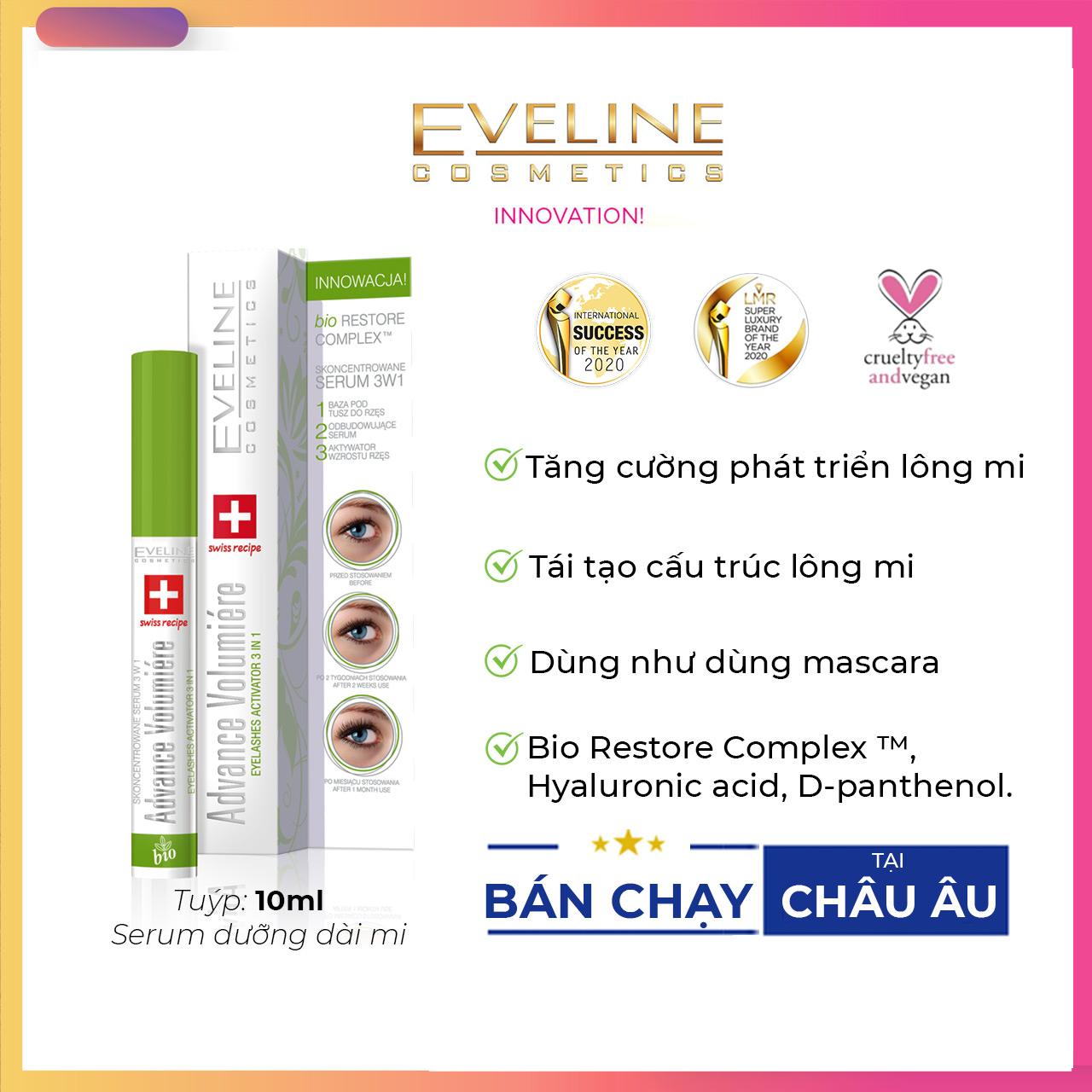 Serum làm dài mi Eveline Advance Volumiere công thức 3 trong 1 phát triển lông mi - Tuýp 10ml