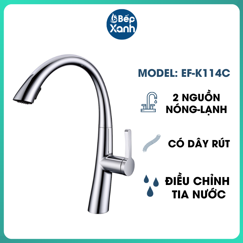 Vòi Rửa Chén Nóng Lạnh S-curve Ecalite EF-K114C - Có Dây Rút - Điều Chỉnh Tia Nước - Đồng Mạ Chrome Cực Đẹp - Hàng Chính Hãng