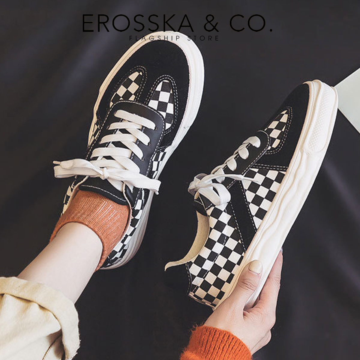 Erosska - Giày sneaker nữ đế dày mũi tròn hoạ tiết caro cá tính - GS019