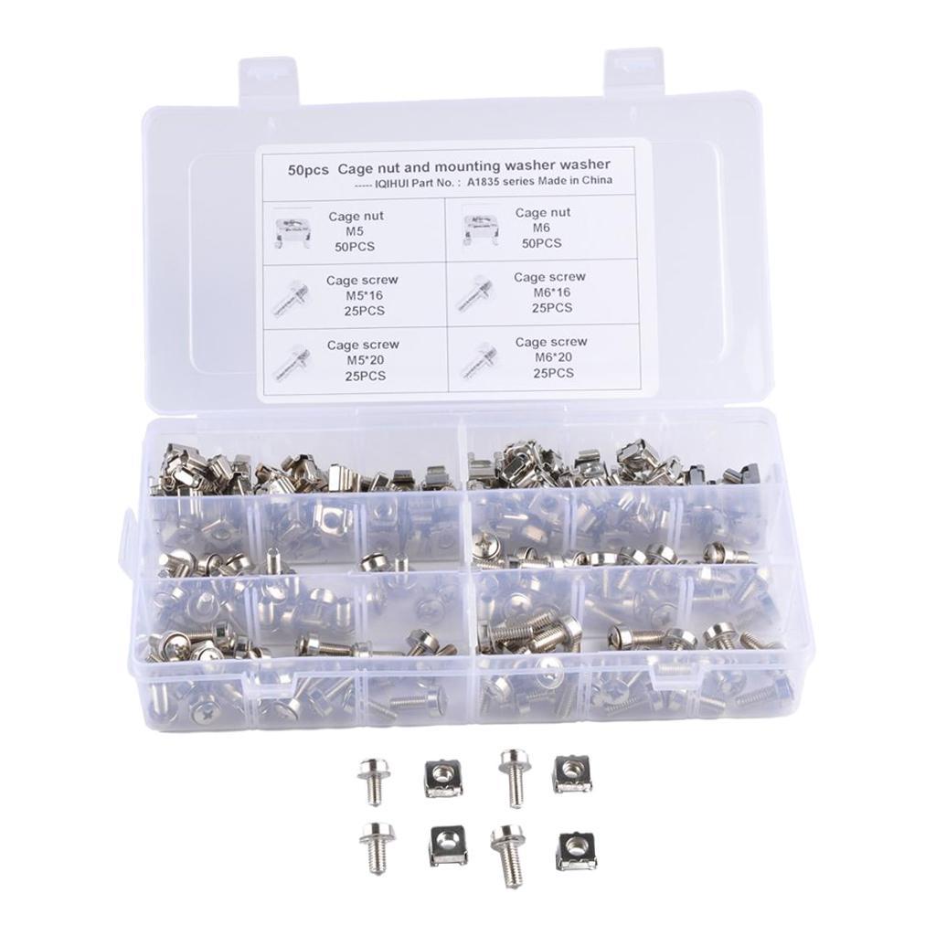 100 Pack Lot - M5*16 M5*20 M6*16 M6*20 Rack Mount Cage Nut & Screw w/ Washer