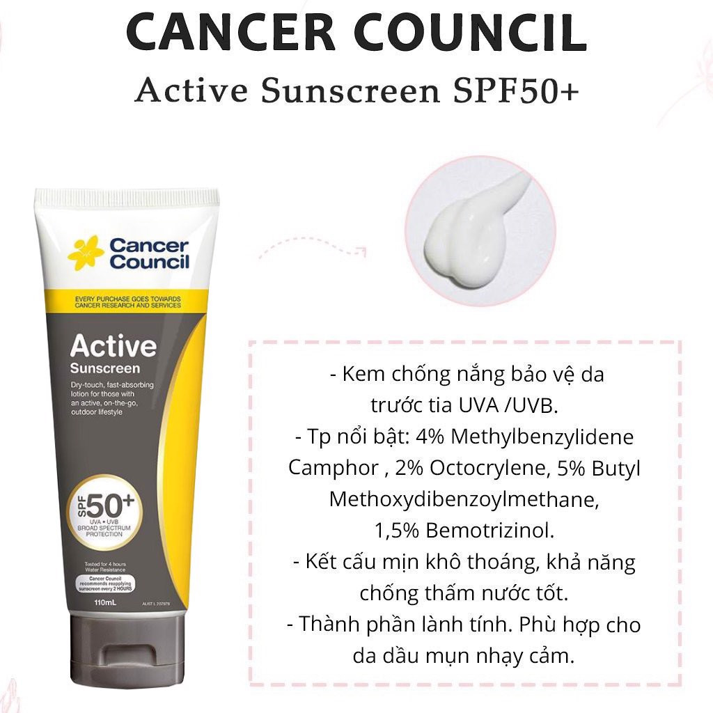 Kem Chống Nắng Cancer Council Active/Sensitiv/Ultra/Everyday SPF 50+/ PA +++ 110ml