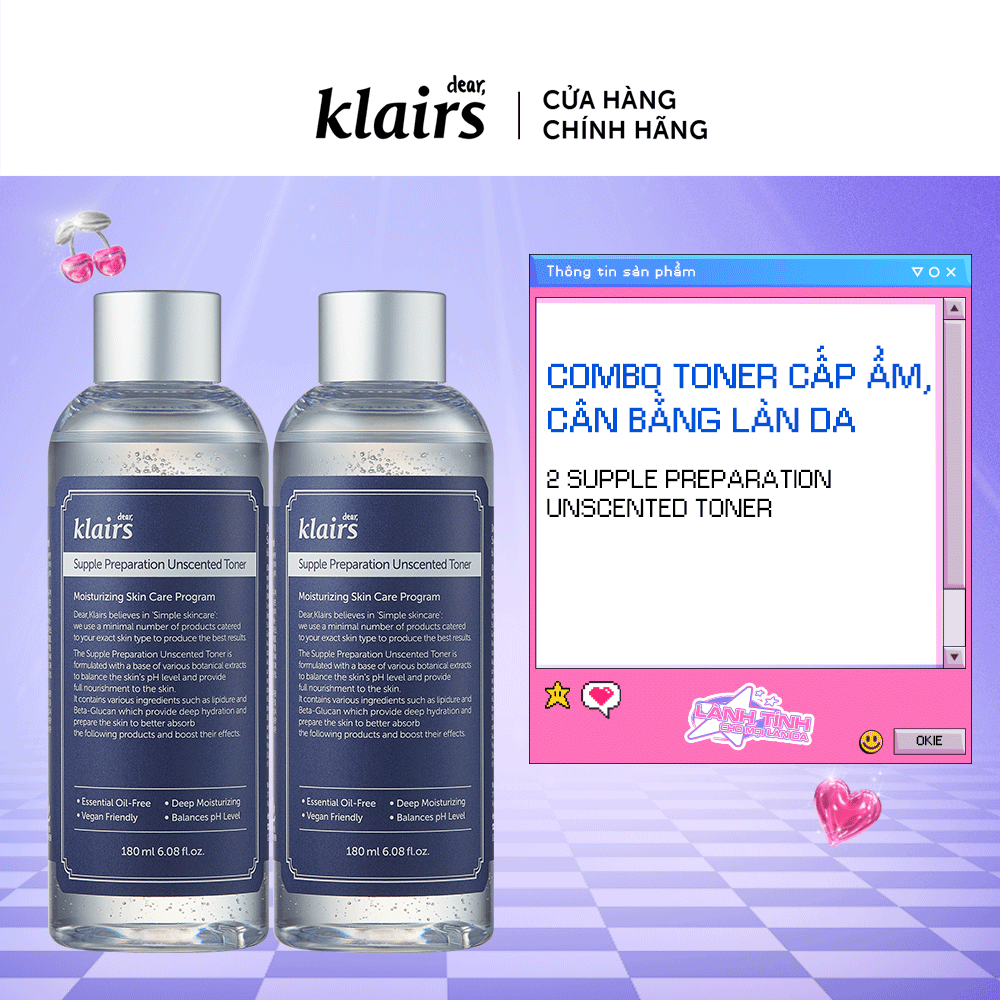 Combo 2 Nước hoa hồng Dear, Klairs Supple Preparation Unscented Toner 180ml