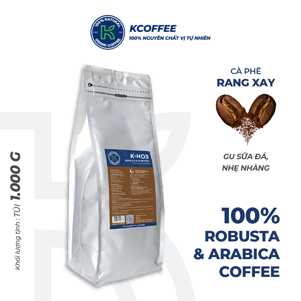 Cà phê rang xay K-Coffee Robusta Arabica chuẩn xuất khẩu K-HO3 1000G