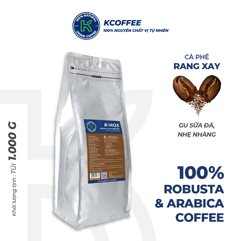 Cà phê rang xay KCoffee 100% Robusta Arabica nguyên chất K-HO3 (500g/Túi)