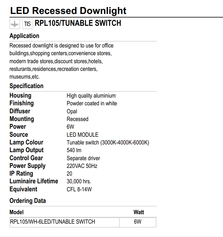 ĐÈN LED ÂM TRẦN LUMAX#RPL105/W-6LED/3K,4K,6K- đổi màu linh hoạt trắng - trung tính - vàng ấm XX THÁI LAN