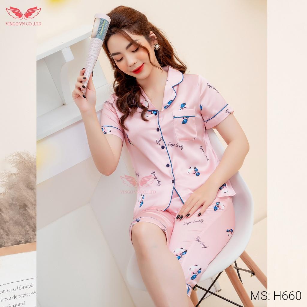 Đồ bộ nữ mặc nhà Pijama lụa Pháp VINGO tay ngắn quần lửng mặc mát mùa Hè họa tiết hoa hồng lé xanh thanh lịch H660 VNGO