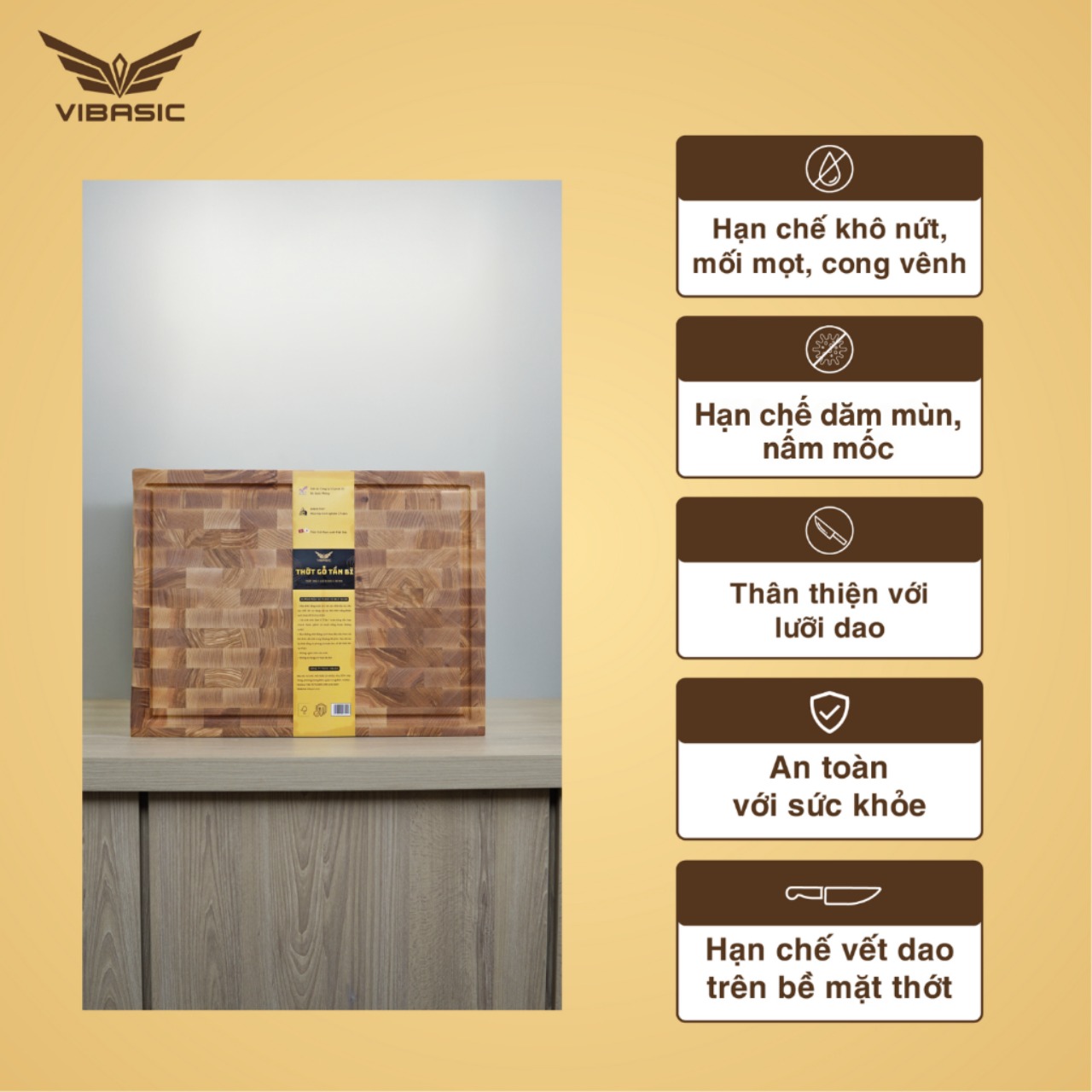 Thớt Tần Bì (Ash wood) Vibasic ghép block, kích thước 400x300x38mm chuyên băm, chặt, thái thực phẩm - Hàng chính hãng Bộ Quốc Phòng