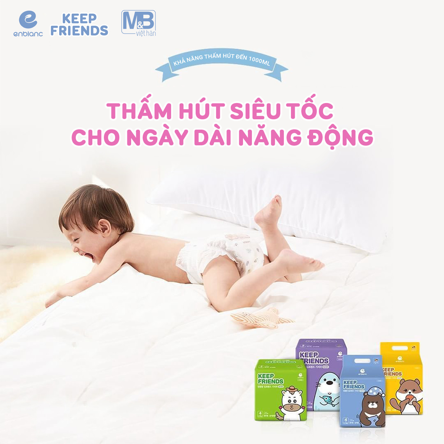 Combo 2 Bịch Tã Dán Hàn Quốc ENBLANC KEEP FRIENDS Thấm Hút Nhanh, Chống Tràn, Khô Thoáng Cho Bé Size M (5-10kg) 32 Miếng