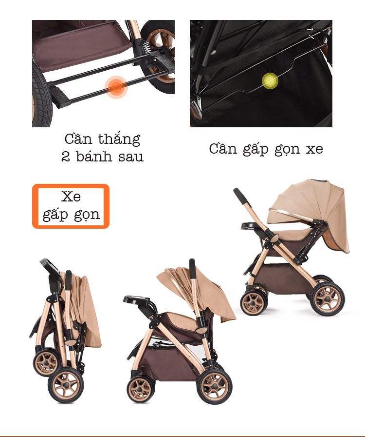 Xe đẩy trẻ em cao cấp 2 chiều 3 tư thế gấp gọn khi du lịch, kiểu dáng sang trọng