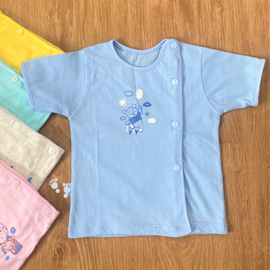 COMBO 5 Áo sơ sinh cotton THT-FR GGY | Áo Màu Cài Lệch Tay Ngắn | Size 1 - 3 cho bé sơ sinh - 9 kg| Chất vải thun cotton 100% xịn, đẹp, mềm, họa tiết xinh | Hàng Việt Nam | Quần sơ sinh | Quần áo sơ sinh