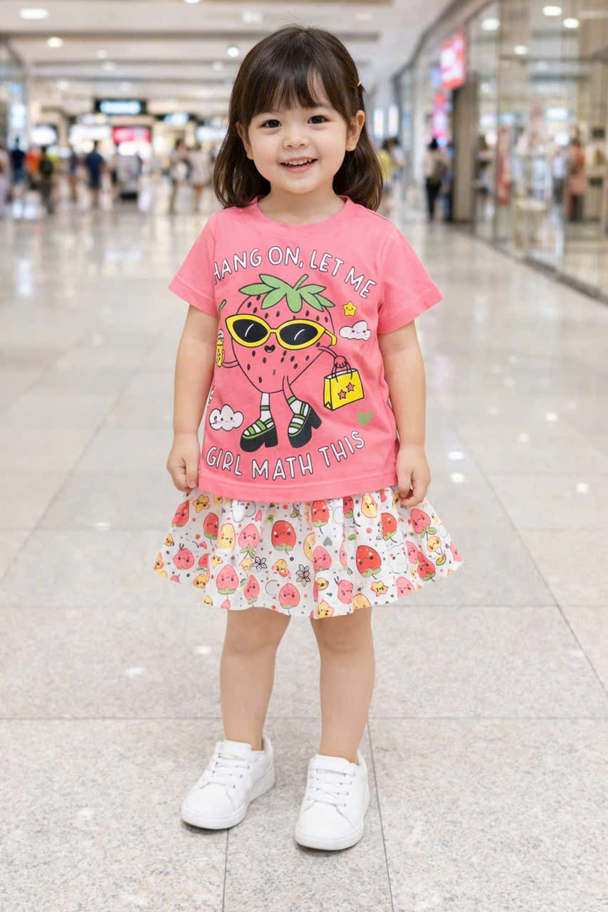 Đồ bộ bé gái, Bộ quần giả váy cho bé gái labubu gấu dâu capybara kuromi từ 10-38kg chất cotton hàng xuất mềm mịn mát